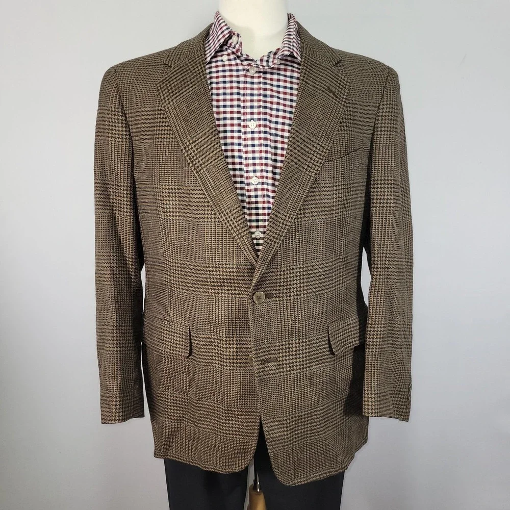VTG JOS A BANK Men's Sport Coat Blazer Two Button‎ Brown Plaid 100% SILK 44R